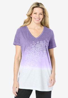 Short-Sleeve V-Neck Embroidered Dip Dye Tunic