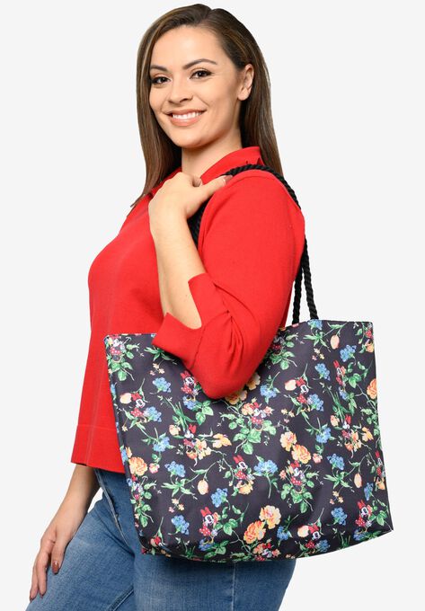Disney Minnie Mouse Tote Bag Floral All-Over Print Rope Handles, BLACK, hi-res image number null