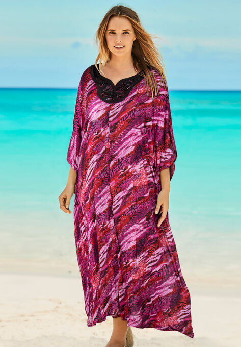 Long Embellished Cover Up , MERLOT MIXED ANIMAL, hi-res image number null