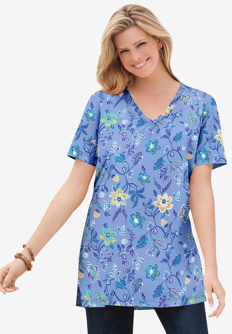 Perfect Printed Short-Sleeve Shirred V-Neck Tunic, , alternate image number null