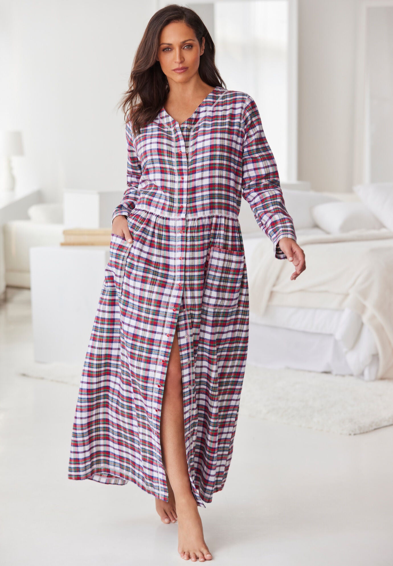 Flannel Plaid Lounger Soft Cotton Nightgown Red White Plaid Woman Within