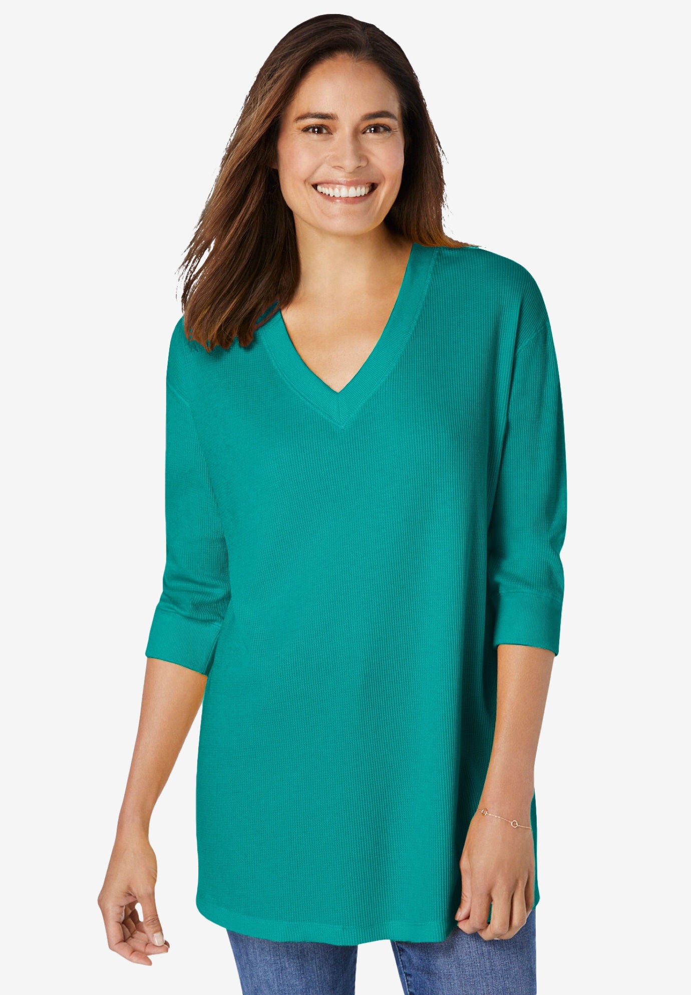 ThreeQuarter Sleeve Thermal VNeck Pullover, Waterfall Woman Within