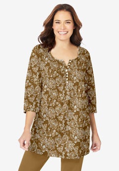 7-Day Three-Quarter Sleeve Pintucked Henley Tunic