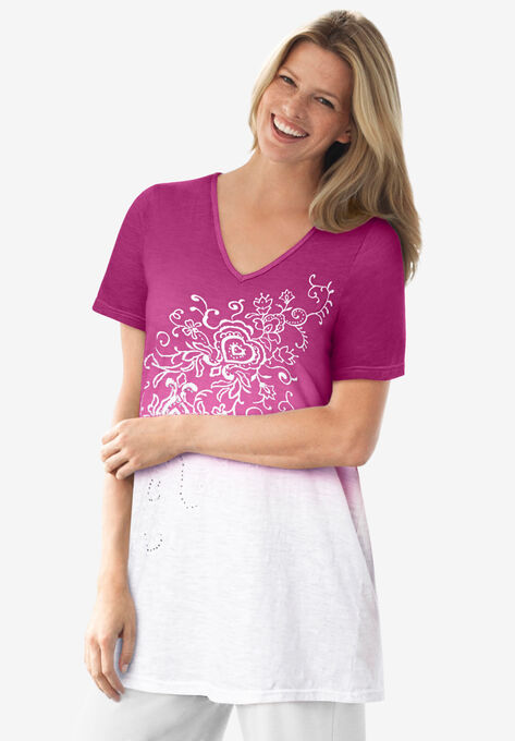 Short-Sleeve V-Neck Embroidered Dip Dye Tunic, RASPBERRY OMBRE, hi-res image number null