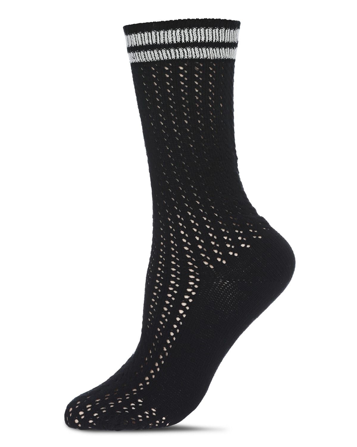 Women&#39;s Pointelle Knit Striped Crew Socks, BLACK, hi-res image number 0