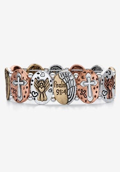 Tri Tone Antiqued Inspirational Stretch Bracelet (16Mm), 7 Inch Length