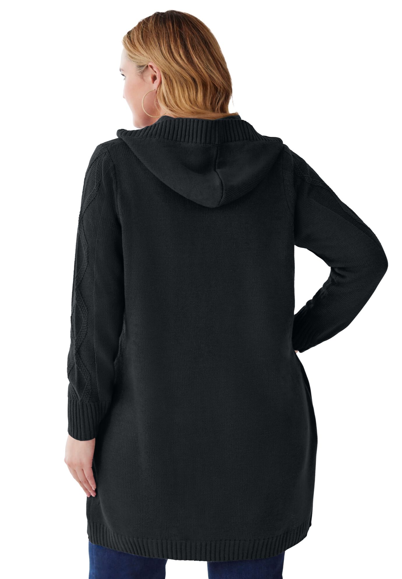 Cable Cardigan Hoodie Sweater, BLACK, on-hover image number 1