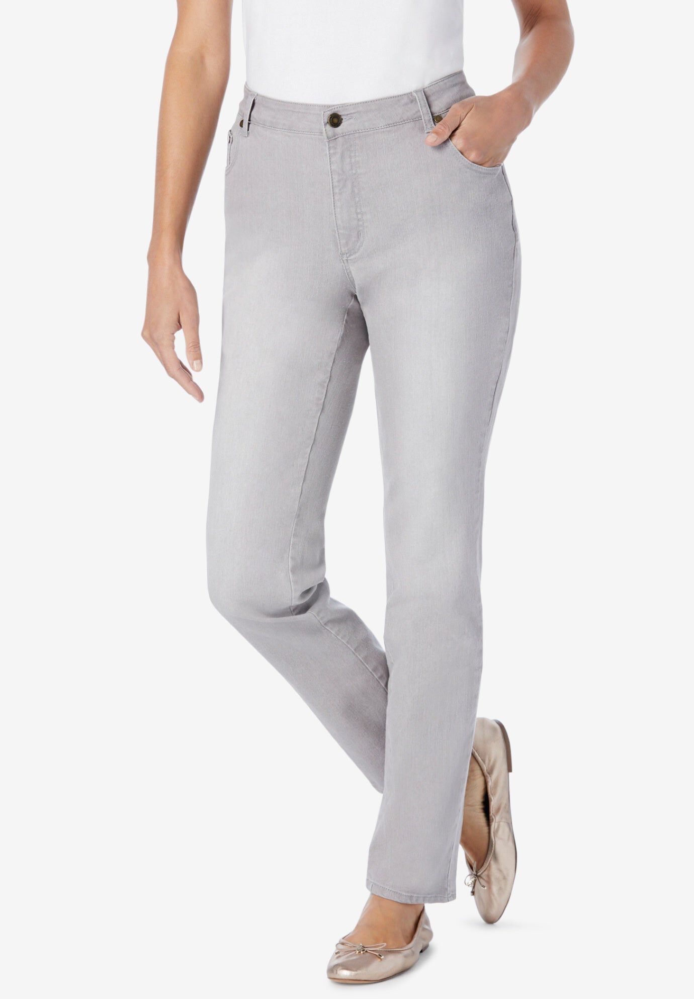Stretch Denim 5-Pocket Straight-Leg Jeans, GREY SANDED WASH, hi-res image number 0