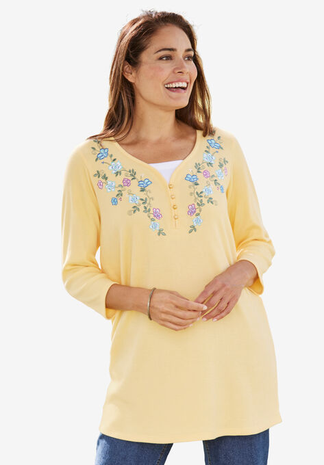 Layered-Look Embroidered Henley Tunic, BANANA FLOWER EMBROIDERY, hi-res image number null