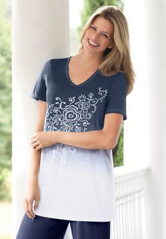 Short-Sleeve V-Neck Embroidered Dip Dye Tunic