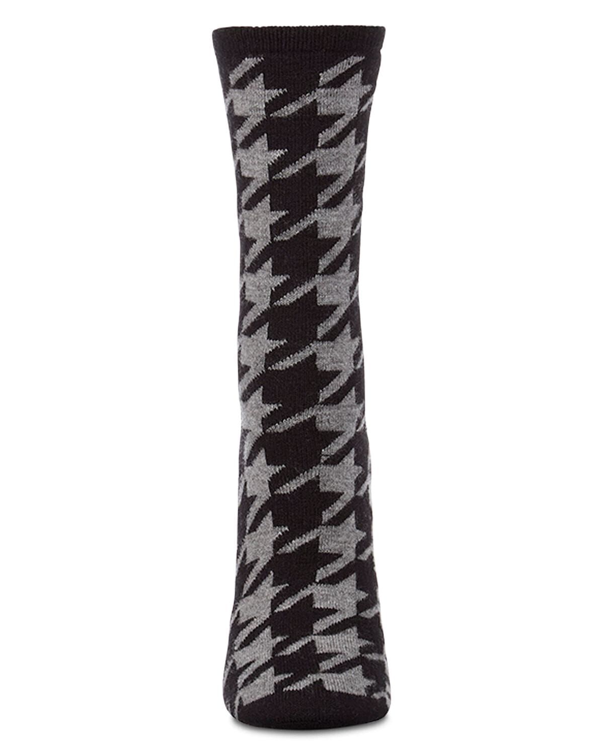 Women's Houndstooth Cashmere-Blend Fine-Gauge Knit Crew Sock, BLACK, alternate image number 1