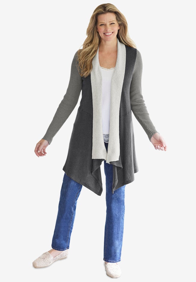 Color block Drape Duster Cardigan, MEDIUM HEATHER GREY COLORBLOCK, hi-res image number null