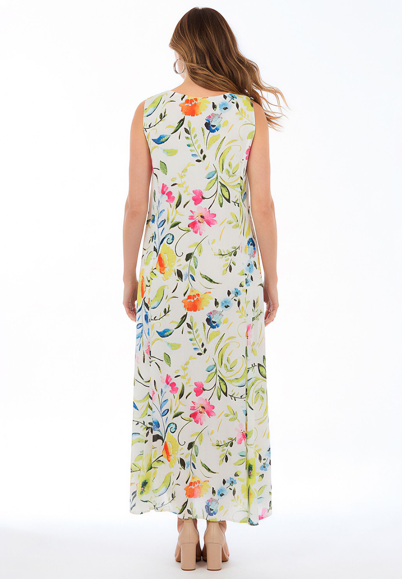 Sleeveless Crinkle Dress, WHITE MULTI WATERCOLOR, on-hover image number 1