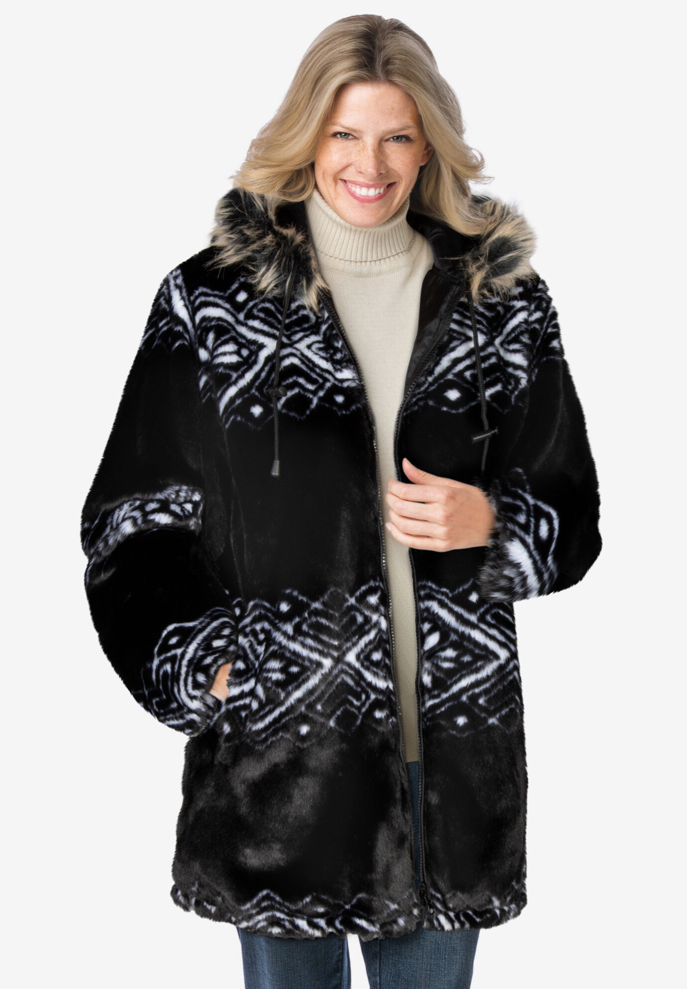 Woman Within Womens Plus Size Faux Fur Snowflake Print Hooded Jacket
