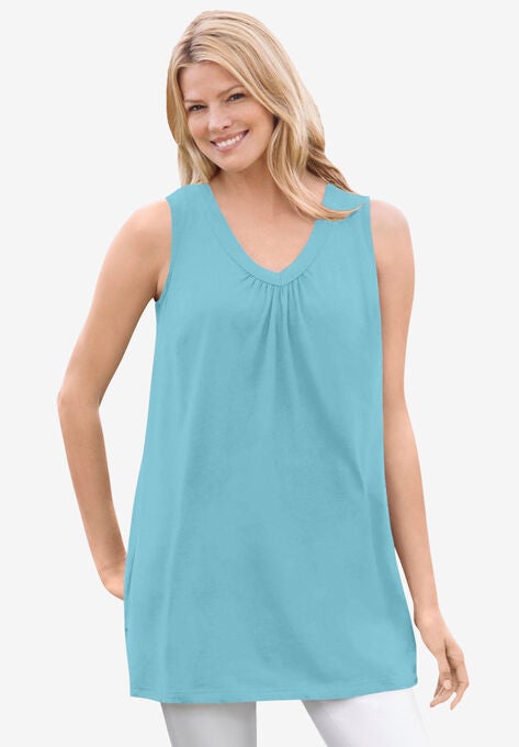 Perfect Sleeveless Shirred V-Neck Tunic, SEAMIST BLUE, hi-res image number null