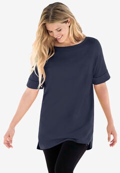 Perfect Cuffed Elbow-Sleeve Boat-Neck Tee