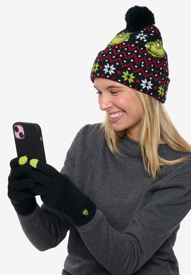 Women's Dr Seuss Grinch Knit Beanie Hat & Touch Screen Gloves Christmas, BLACK, alternate image number 2