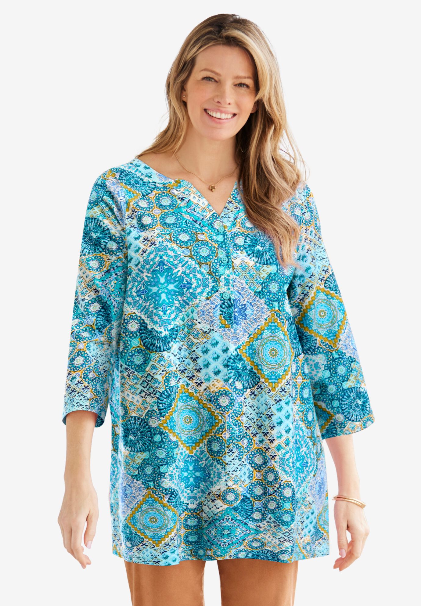 Henley Three-Quarter Sleeve Knit Tunic, AZURE MOSAIC, hi-res image number 0