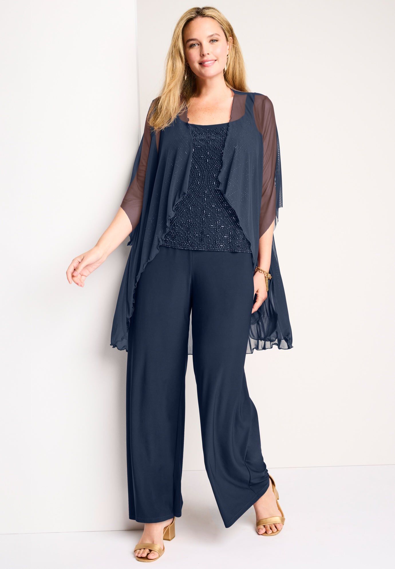 3-Piece Pant Set With Beaded Tank, NAVY, hi-res image number 0