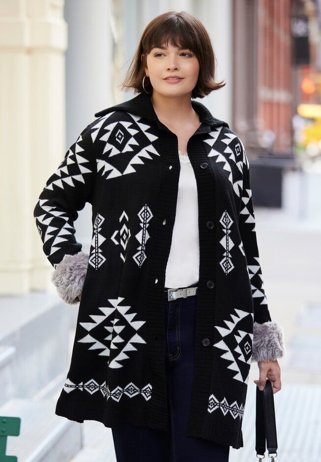 Fur Trim Cardigan Plus Size Sweater, 4429894 Woman Within