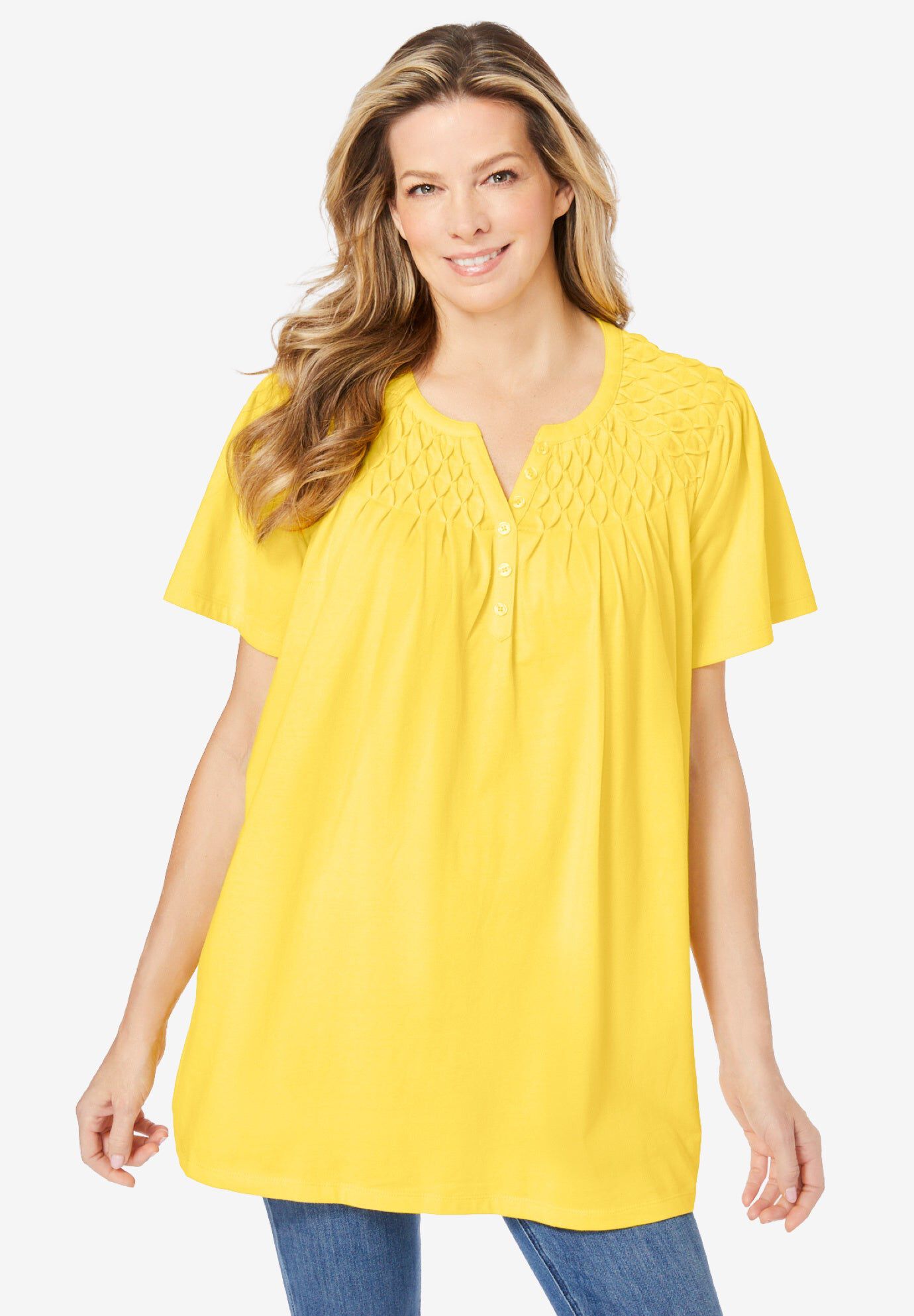 Smocked Split Neck Tunic, PRIMROSE YELLOW, hi-res image number 0