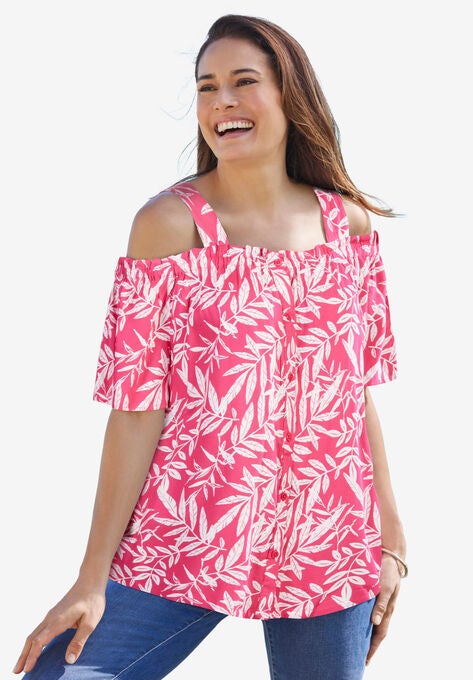 Printed Cold-Shoulder Blouse, RASPBERRY SORBET LEAF, hi-res image number null