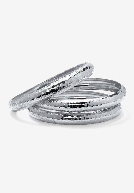 Silvertone Hammered 3 Piece Stack Bracelet Set, 8.5", SILVER, hi-res image number null