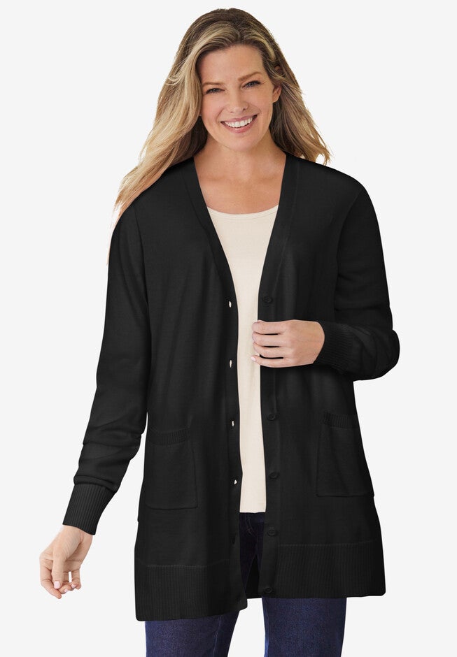 One Size Cardigans Perfect Longer-Length Cotton Cardigan 1X-6X, Black | Woman Within