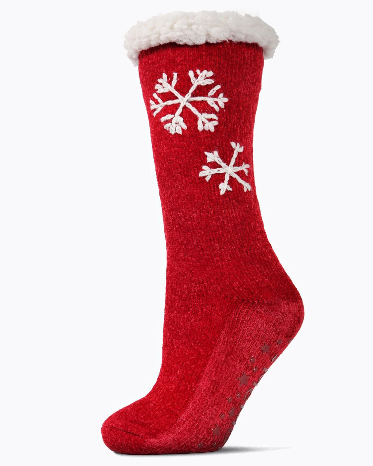Women's Sweet Snowflake Tufted Top Plush Lined Slippers Socks, RED, hi-res image number 0
