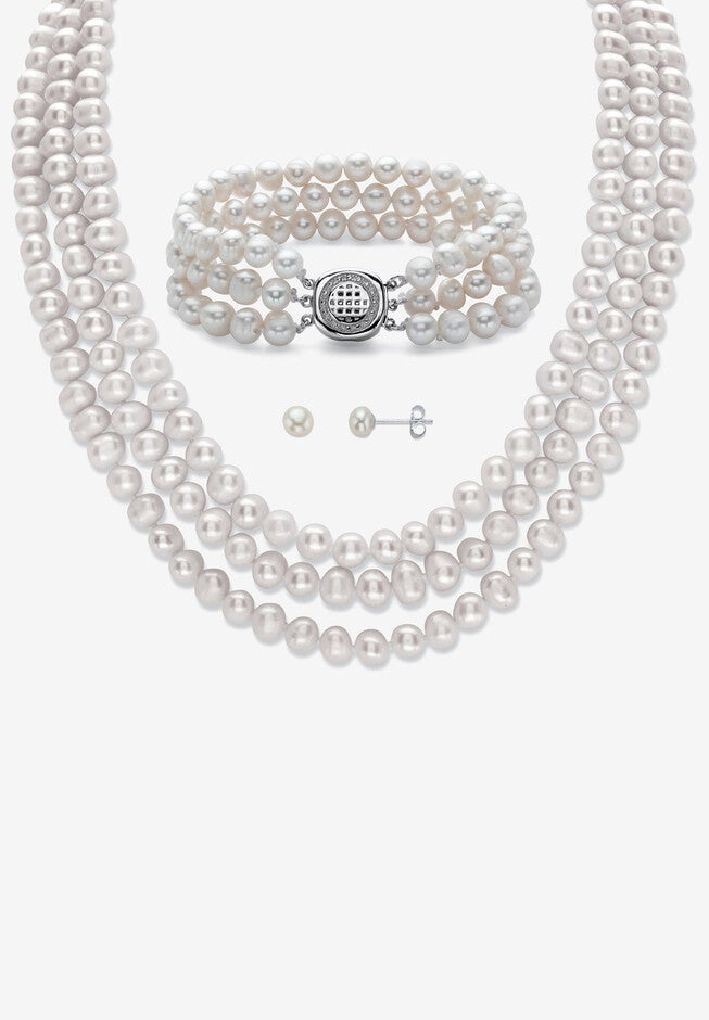Silver Necklace, Bracelet And Earring Set, Cultured Freshwater Pearl, PEARL, hi-res image number 0