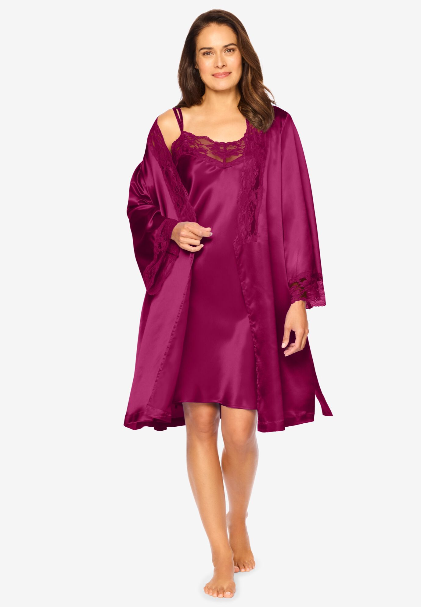 Satin Short Peignoir Set - The Luxe Elegance, Pomegranate | Woman Within