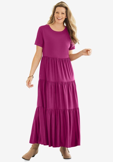 Haptics Printed Notched Short Sleeve Tiered Dress