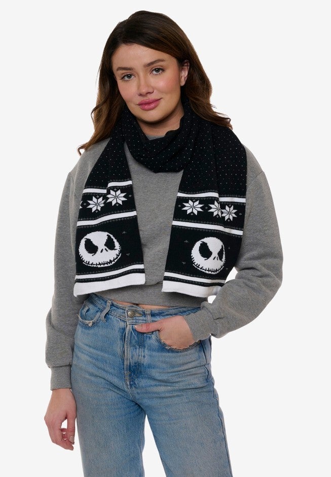 Disney Jack Skellington Nightmare Before Christmas Knit Scarf 70 inches, BLACK, hi-res image number 0
