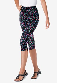 Stretch-Cotton Knit Pull-On Printed Capri Leggings