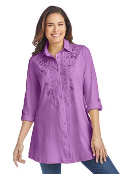 Button-Front Embroidered Tunic