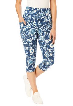Stretch-Cotton Knit Pull-On Printed Pocket Capri Leggings