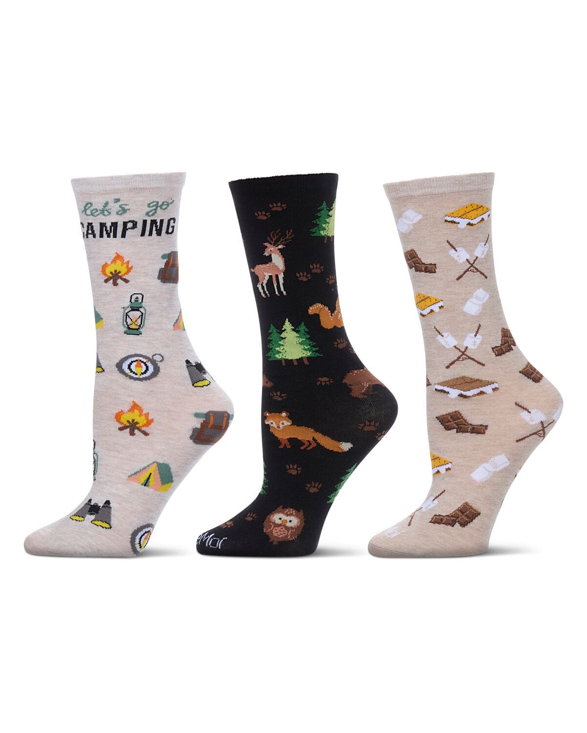 3 Pair "Let's Go Camping" Rayon-Blend Novelty Crew Socks Gift Set, BROWN MULTI, hi-res image number 0