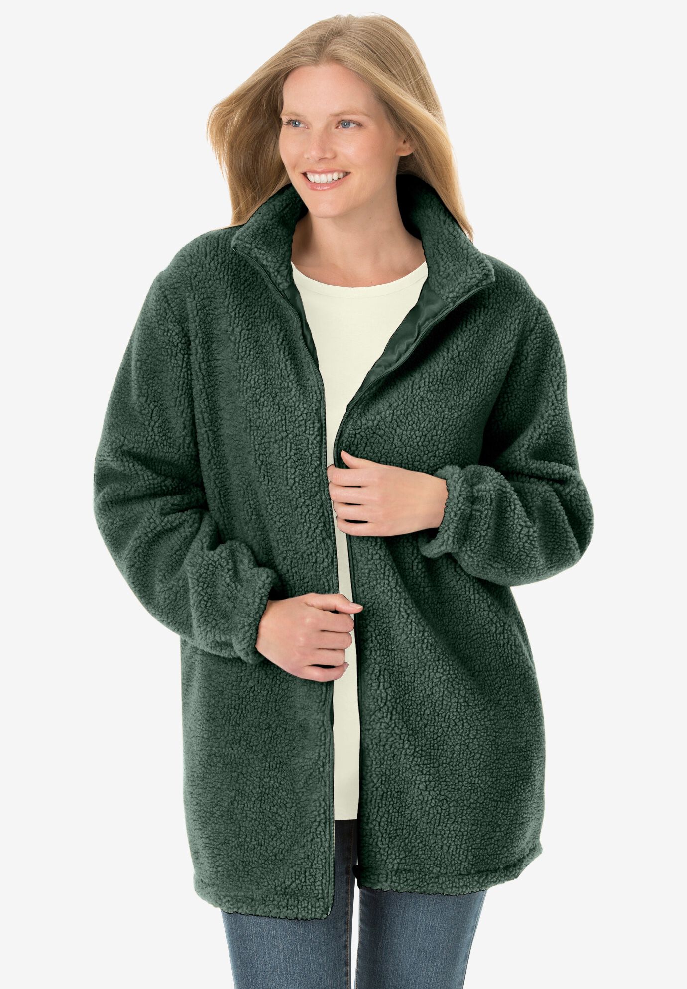 Women's Plus Light Grey/Ivory Sherpa Plush Reversible Button Front Bed Jacket 1X/2X 