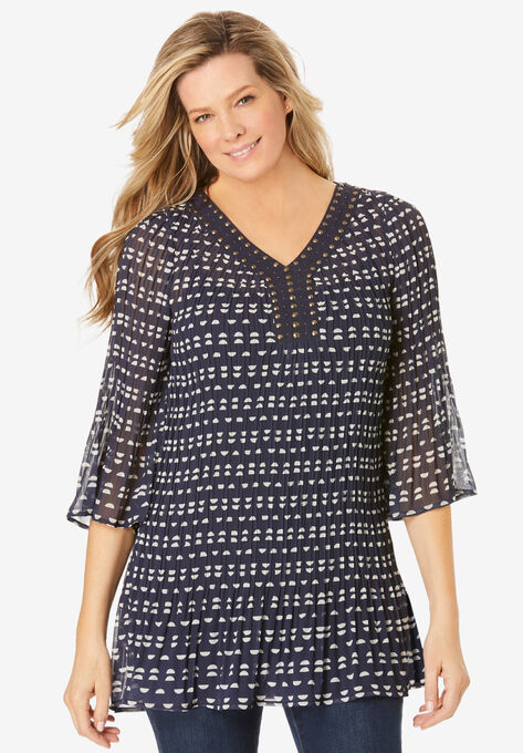 Embellished Pleated Blouse, NAVY LINEAR GEO, hi-res image number null