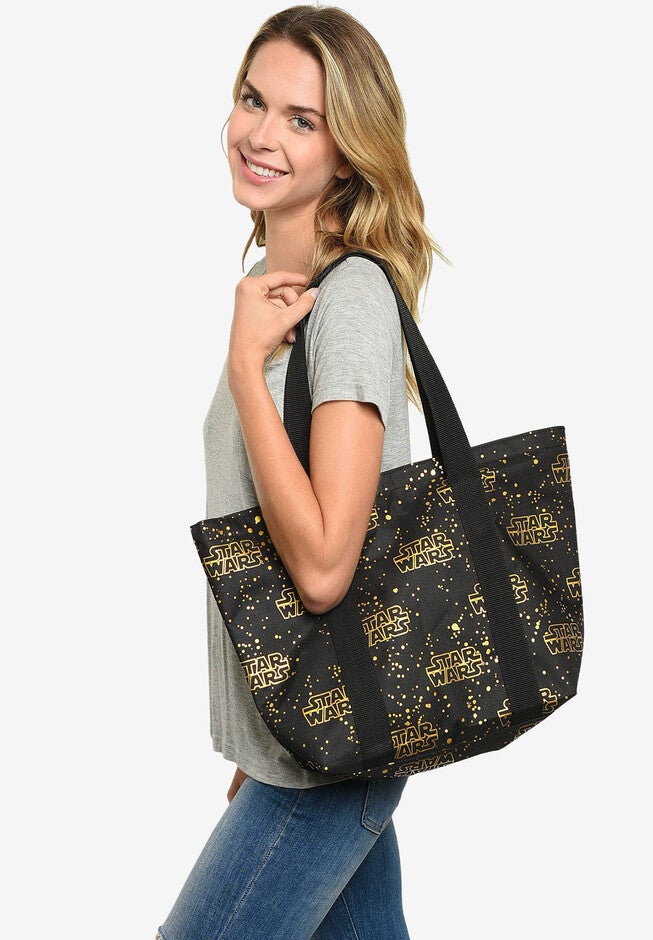 Star Wars Zippered Travel Tote Bag All-over Metallic Logo Shoulder Handbag, BLACK, hi-res image number 0