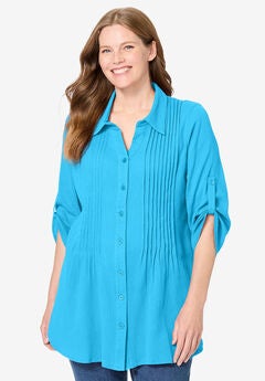 Pintucked Button Down Gauze Shirt