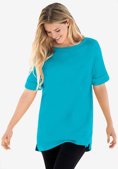 Perfect Cuffed Elbow-Sleeve Boat-Neck Tee