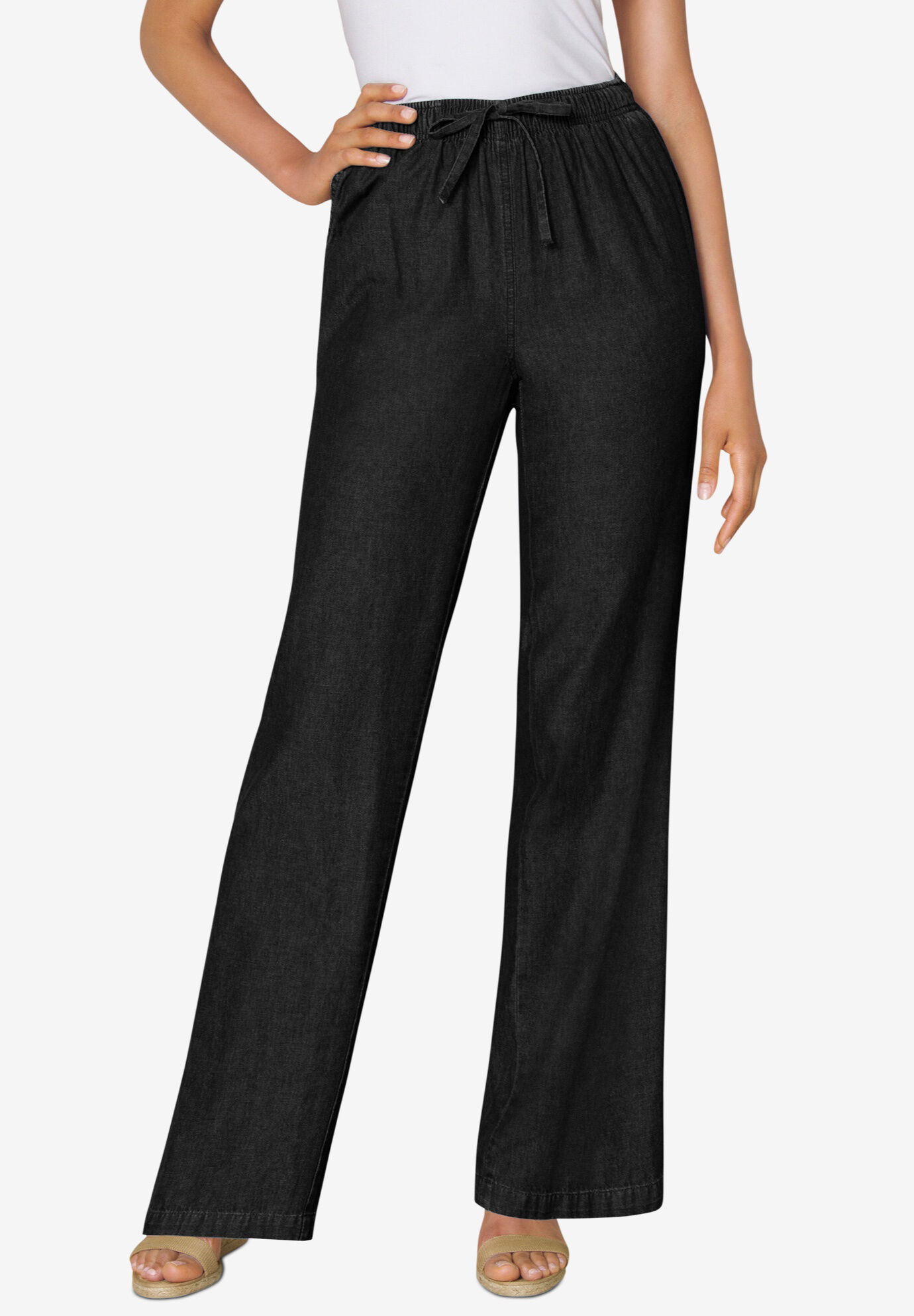 Solid Black Ruffled Flare Leg Pants Mid Rise Stretch Pull On Long Dressy Career 
