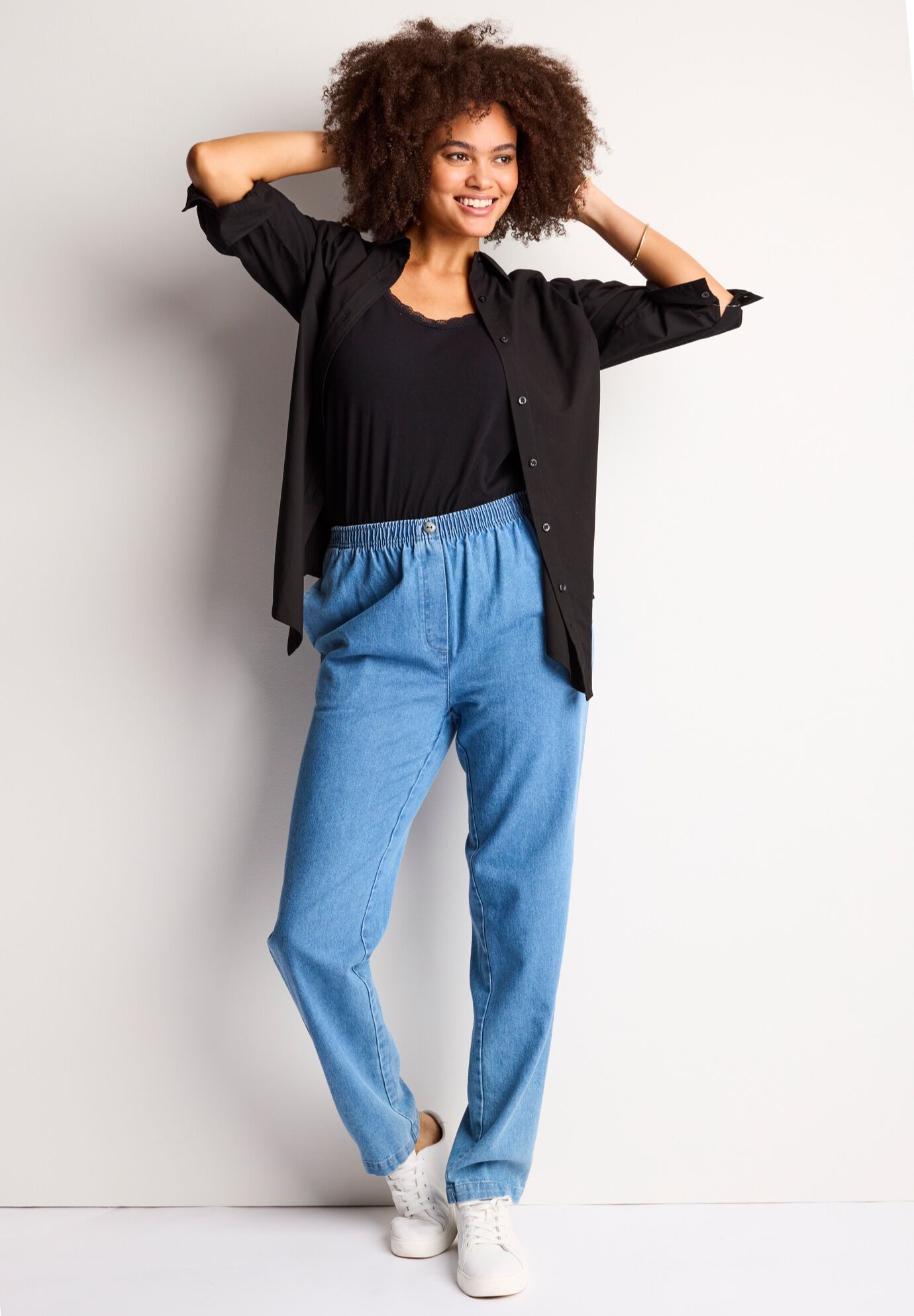 7-Day Straight-Leg Elastic-Waist Cotton Denim Pant, , on-hover image number 1