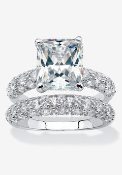 Platinum-Plated Emerald Cut Bridal Ring Set Cubic Zirconia