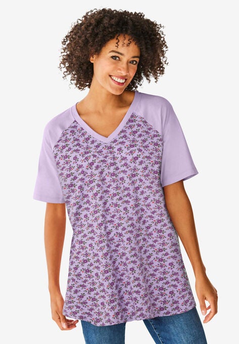 Elbow Sleeve V-Neck Baseball Tee, SOFT IRIS DITSY, hi-res image number null