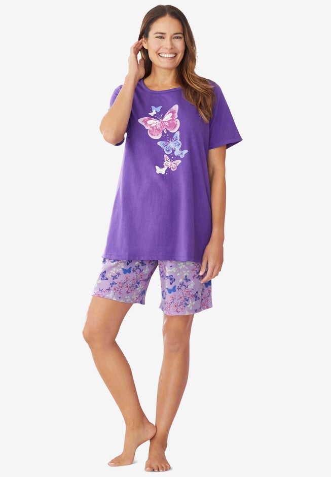 Cotton Knit PJ Short Set - Elastic Waist, Plum Burst Floral Butterfly ... Cotton Knit PJ Short Set - Elastic Waist, Plum Burst Floral Butterfly ...