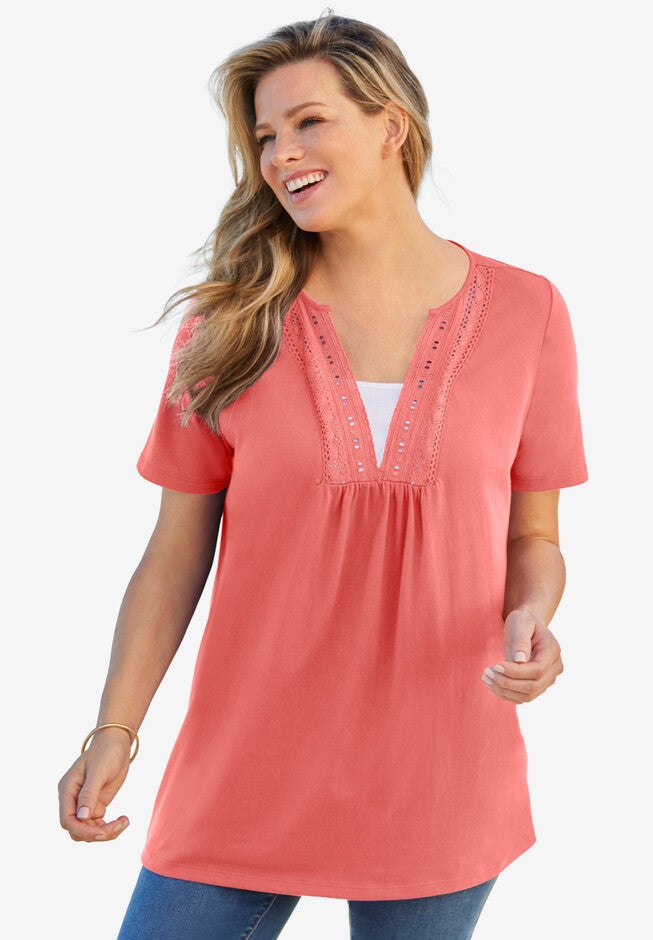 Crochet Layered-Look Tee, SWEET CORAL, hi-res image number null