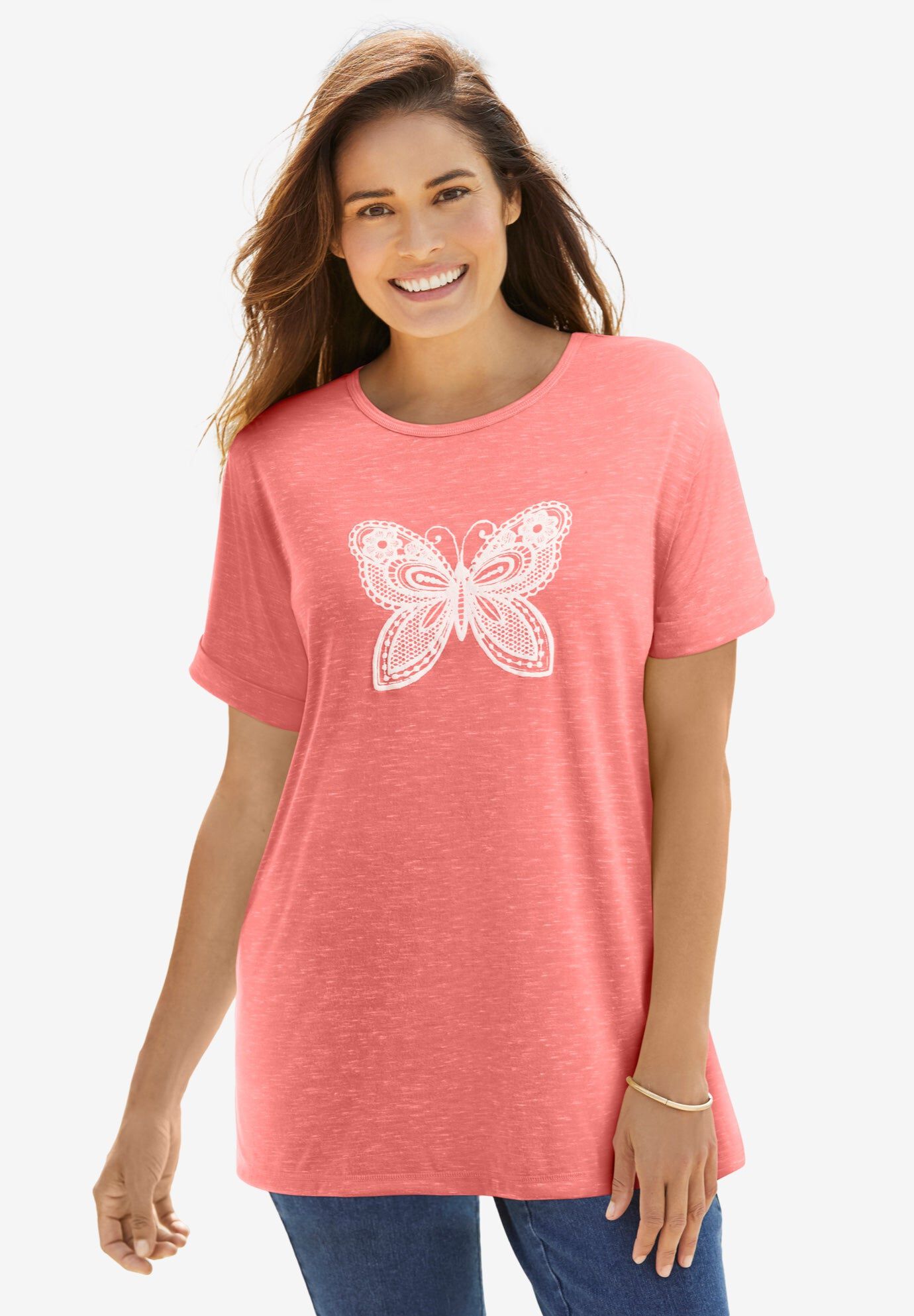 MULTIPLES Women's Three-Quarter Sleeve V-Neck Tunic Top With Embellishment - Slimsation Tummy Control Panel, Missy & Plus Sizes - View #9