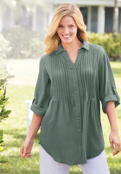 Pintucked Button Down Gauze Shirt